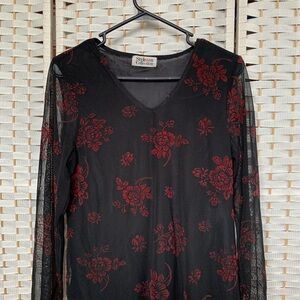 Black and Red Floral Mesh Top